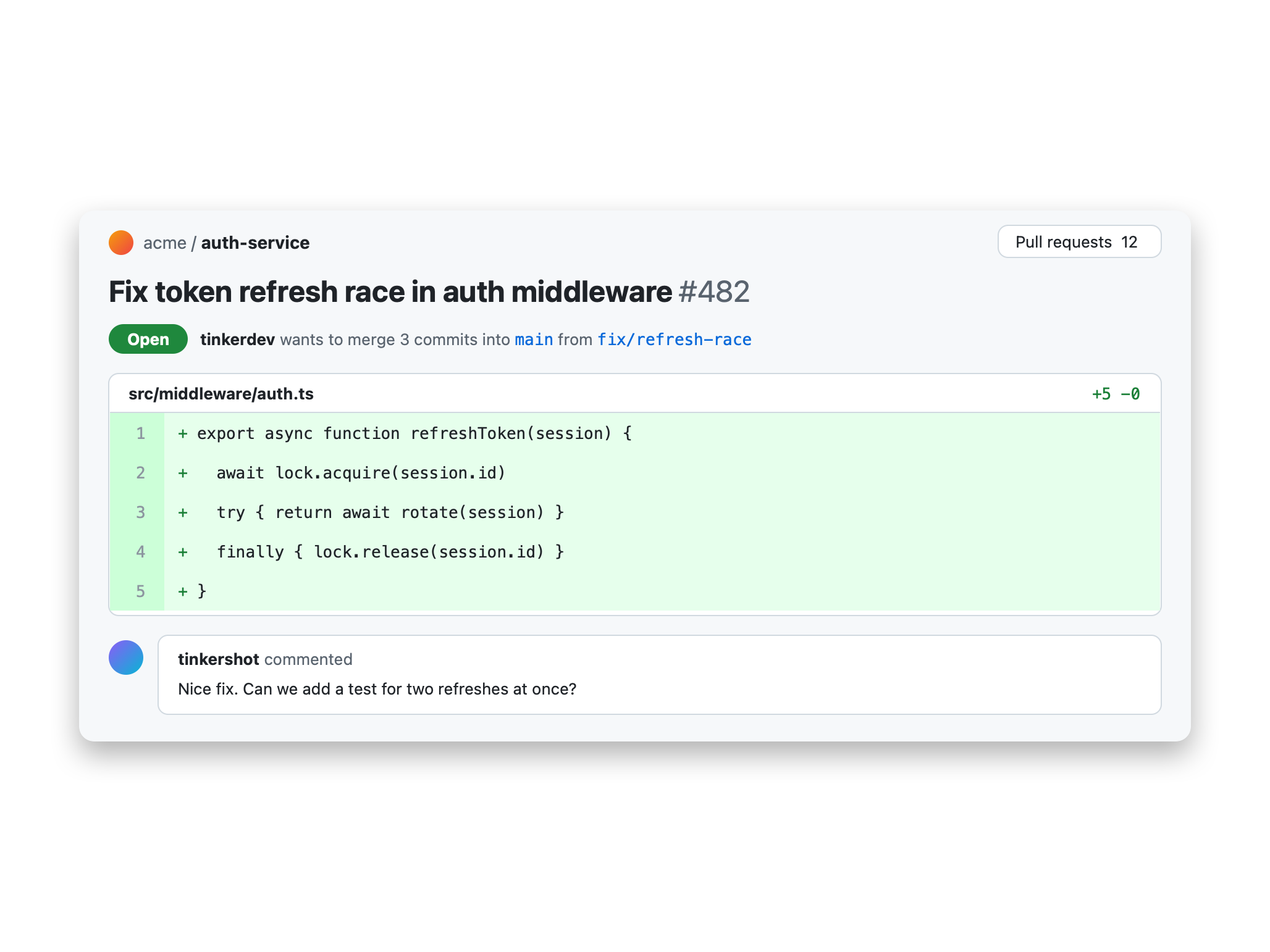 The pull request screenshot with the built-in Clean preset: white background, wide padding, a soft shadow.