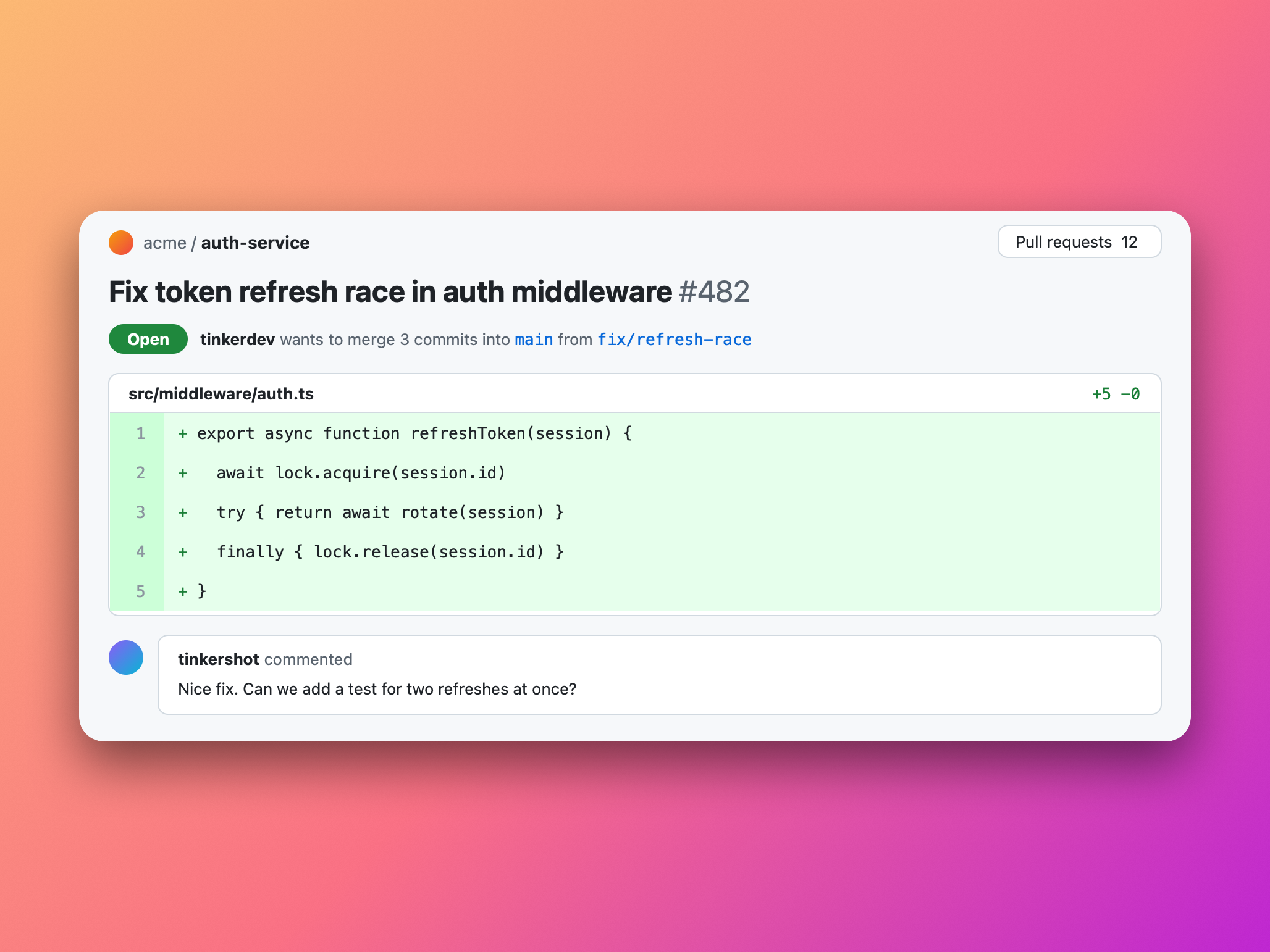 The same screenshot with a saved preset: the Sunset gradient, rounder corners and a deeper shadow.
