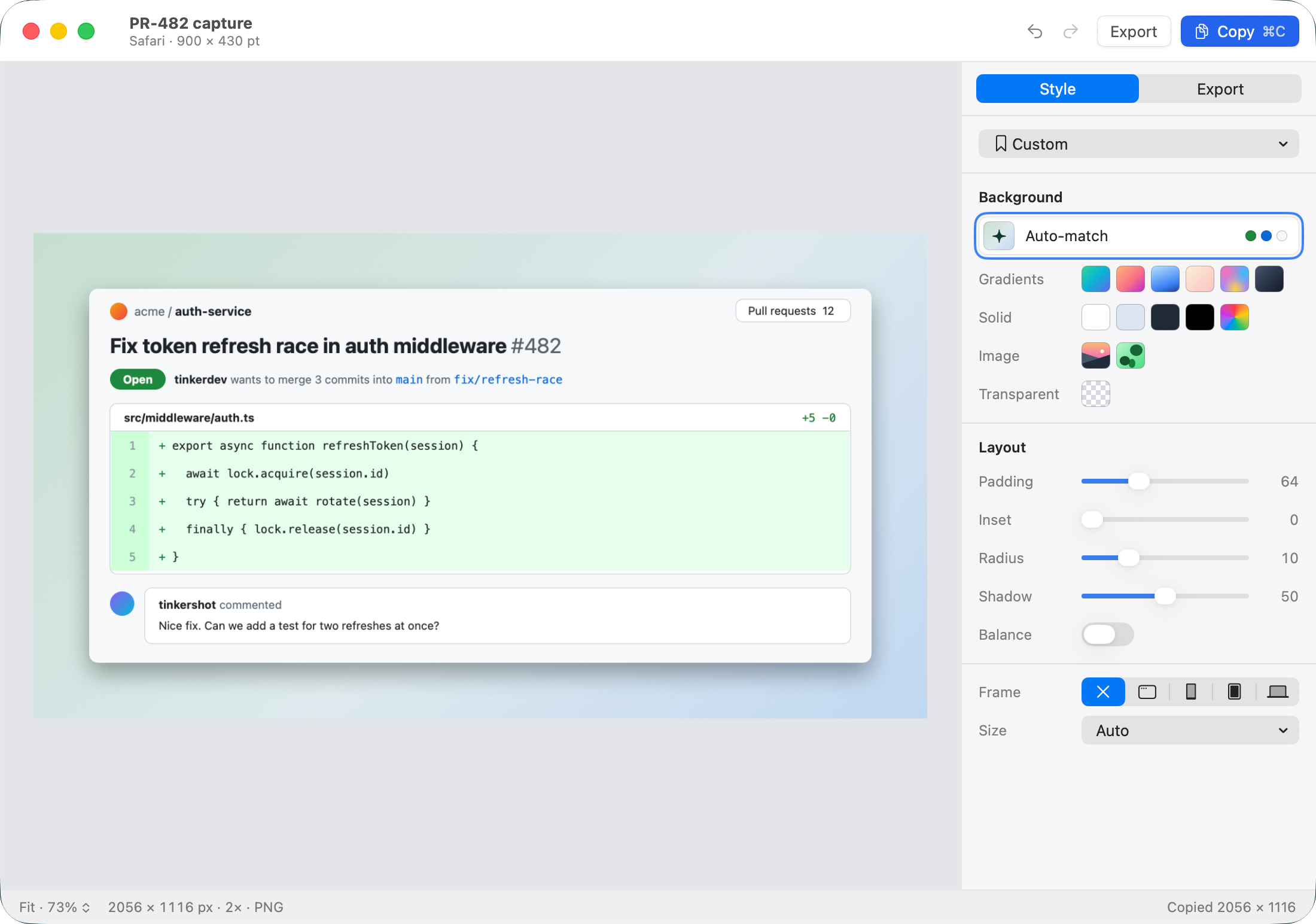 The TinkerShot editor. A pull request screenshot sits on an Auto-match background; the sidebar shows backgrounds, padding, inset, radius, shadow, Balance, frames and size.
